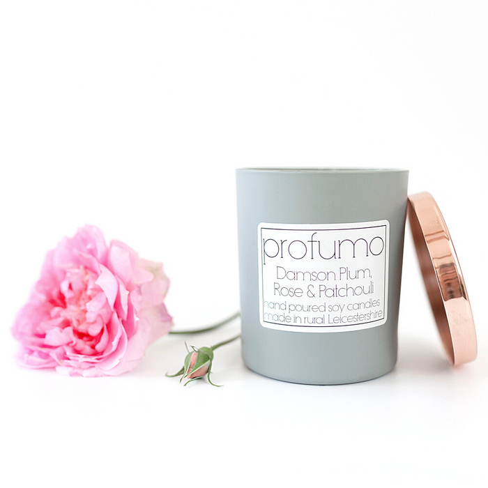 DAMSON PLUM, ROSE & PATCHOULI SCENTED SOY WAX CANDLE